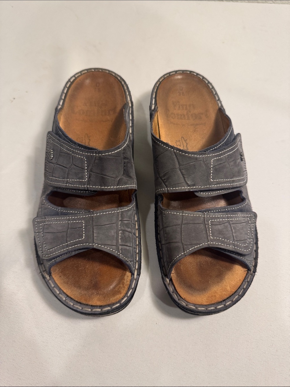 Finn Comfort Jamaica Gray Croc Embossed Leather Sandals Slides EU 38 US 7.5-8